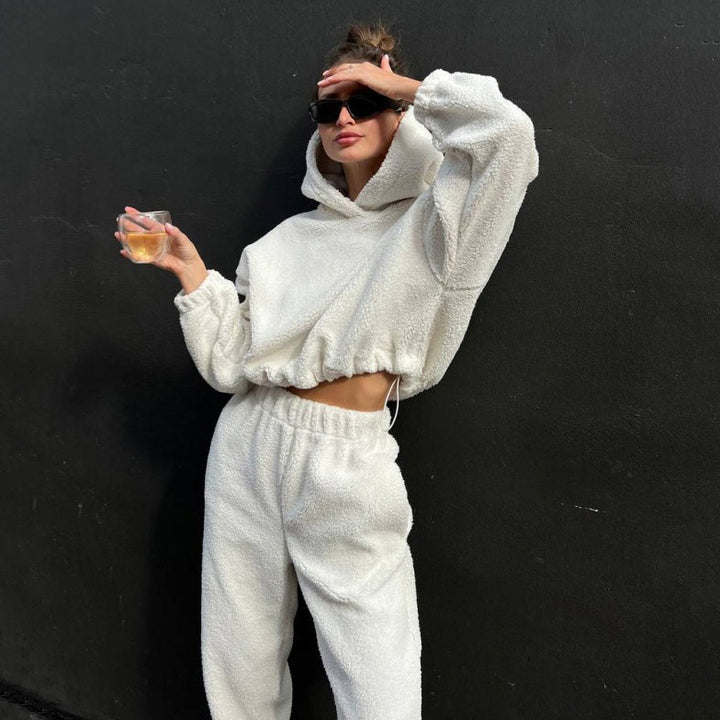 Damen Flauschiger Jumpsuit mit Kapuze und Gummizug Drune