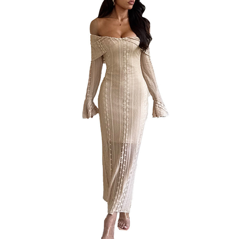 Damen elegantes Off-Shoulder-Kleid mit figurformendem Design und knie-langer Länge Drune