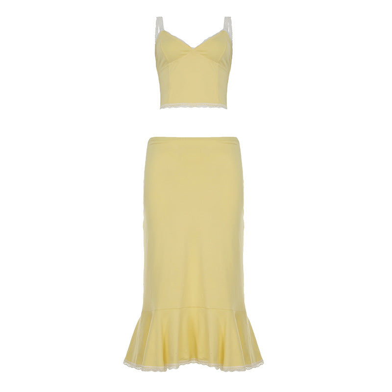 Damen Crop-Top und Midirock Set mit Rüschensaum Drune