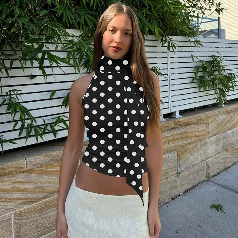 Damen asymmetrisches Polka-Dot-Top mit hohen Schnittlinien und elegantem Halterdesign Drune