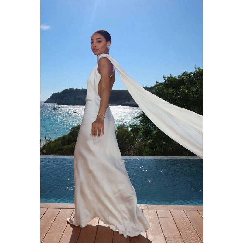Damen elegantes Maxikleid mit asymmetrischem Oberteil und fließendem Schnitt Drune
