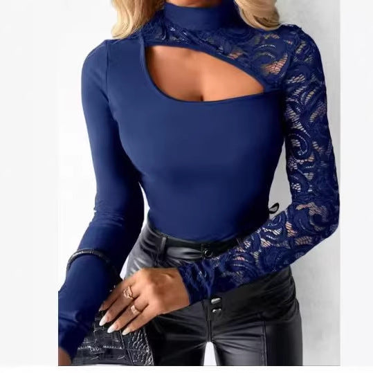 Damen Elegantes Oberteil mit transparenten Spitzenärmeln und asymmetrischem Ausschnitt Drune