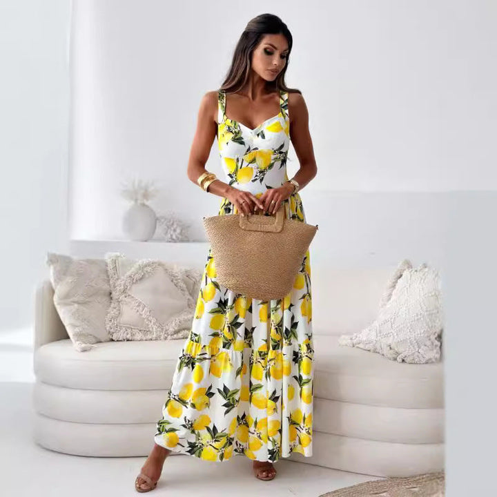 Drune | Bedrucktes Elastisches Taillenloses Statement Maxi Kleid