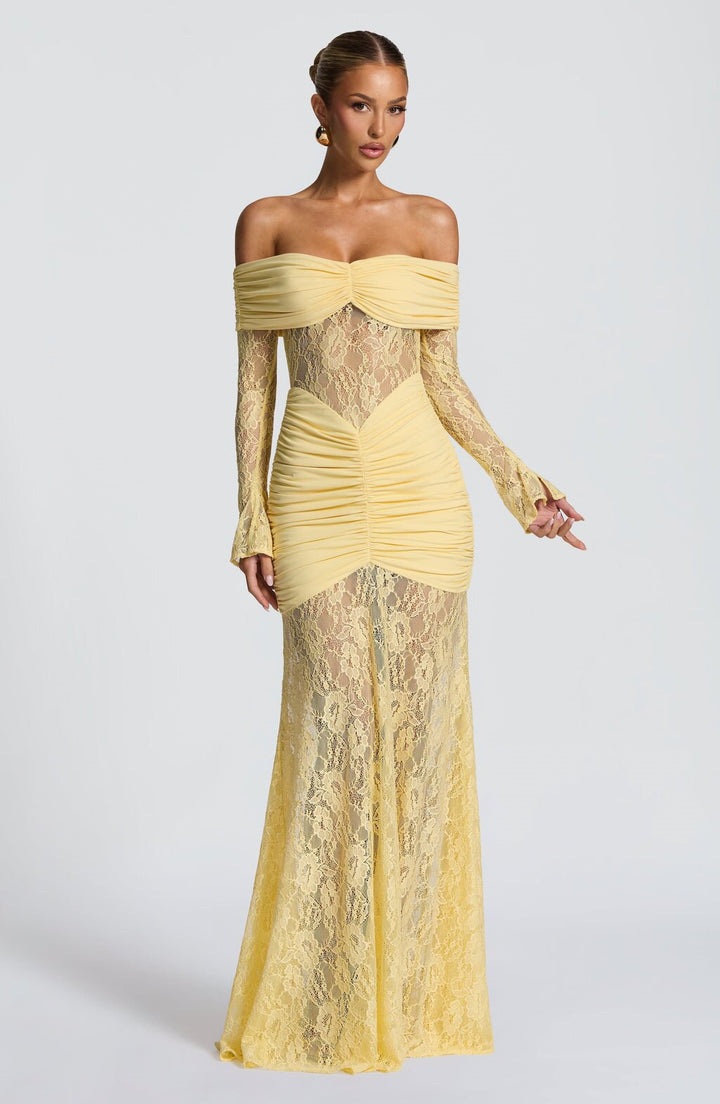 Damen elegantes Spitzenkleid mit Off-Shoulder-Ausschnitt und Raffungen Drune