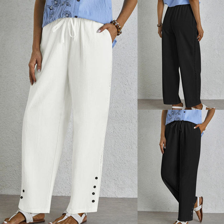 Damen weite Sommerhose mit elastischem Taillenbund und seitlichen Knopfdetails Drune