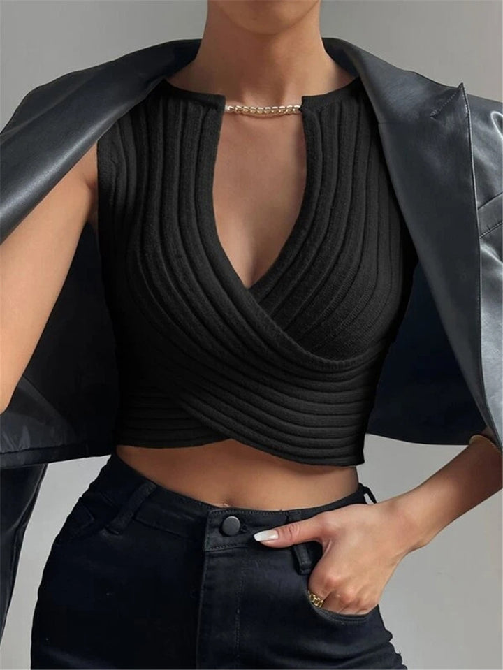 Damen Cropped Strickoberteil mit elegantem Wickel-Design Drune