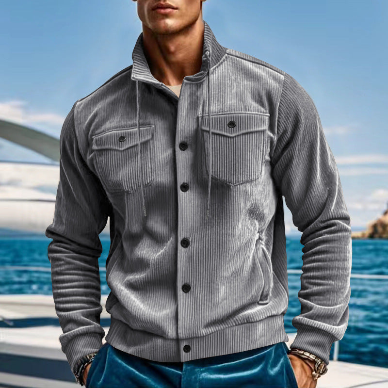 Herren nan lässige fein gerippte Cordjacke mit Stehkragen, Brusttaschen und elastischem Saum Drune