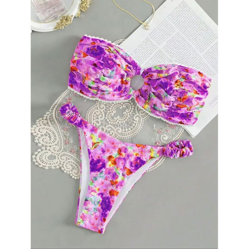 Damen Bandeau-Bikini mit romantischem Rüschendesign und verführerischem Blumenmuster Drune