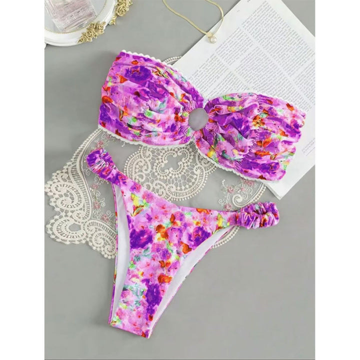 Damen Bandeau-Bikini mit romantischem Rüschendesign und verführerischem Blumenmuster Drune