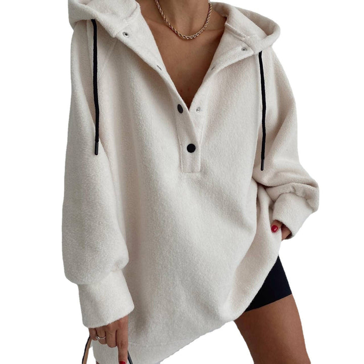 Damen nan kuscheliges Kapuzen-Fleece-Tunika-Sweatshirt mit Druckknopfleiste und überschnittener Schulter Drune