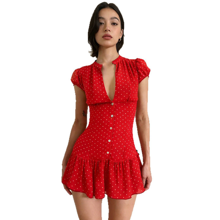 Damen Kurzarm-Kleid mit fröhlichem Punkten-Design und elegantem V-Ausschnitt Drune