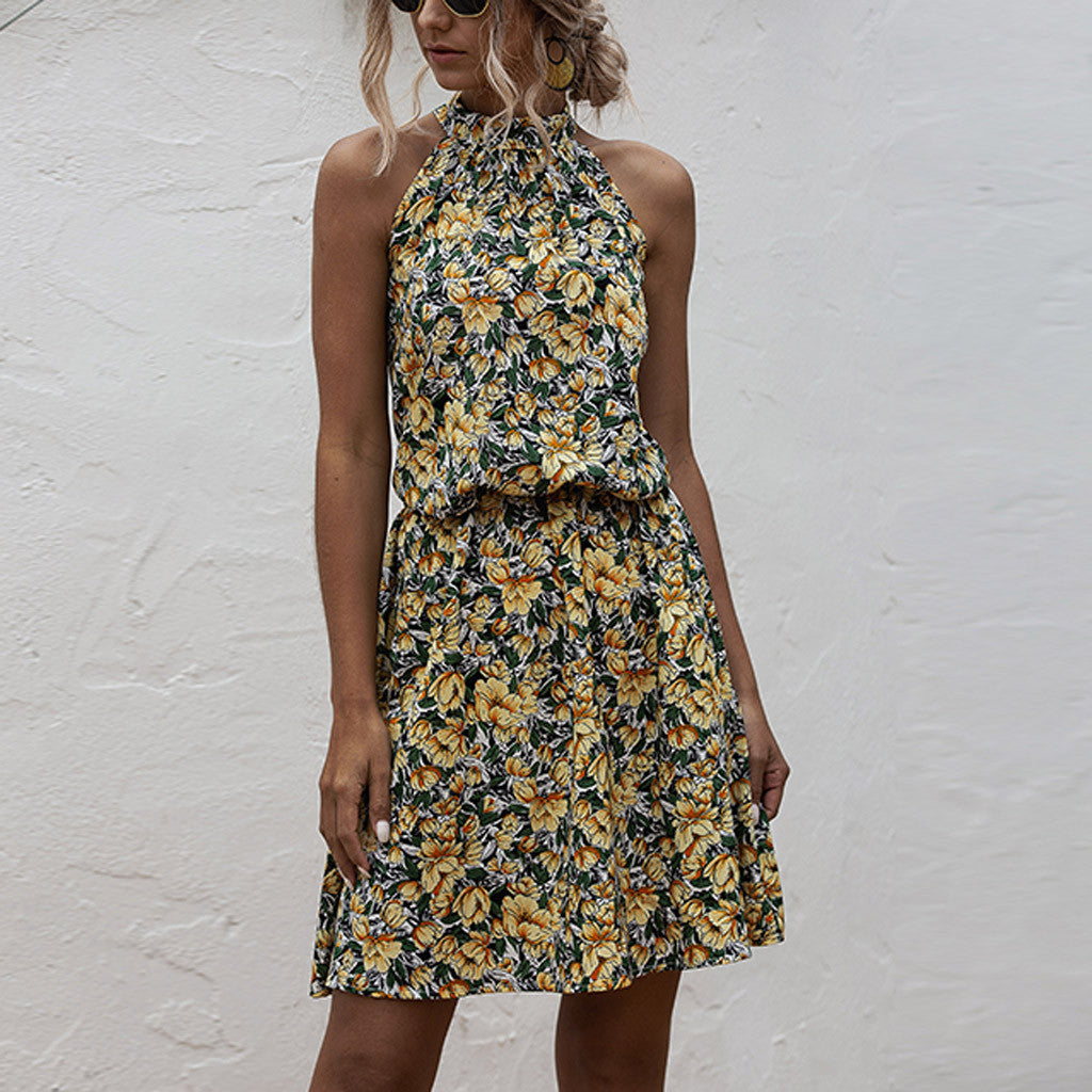 Damen Blumiges Sommerkleid mit hohem Kragen und elastischem Taillenbund Drune
