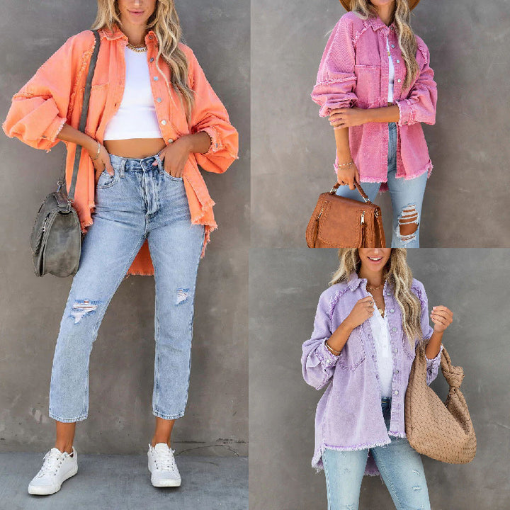 Damen Oversized Denim-Hemdjacke mit fransigem Detail Drune