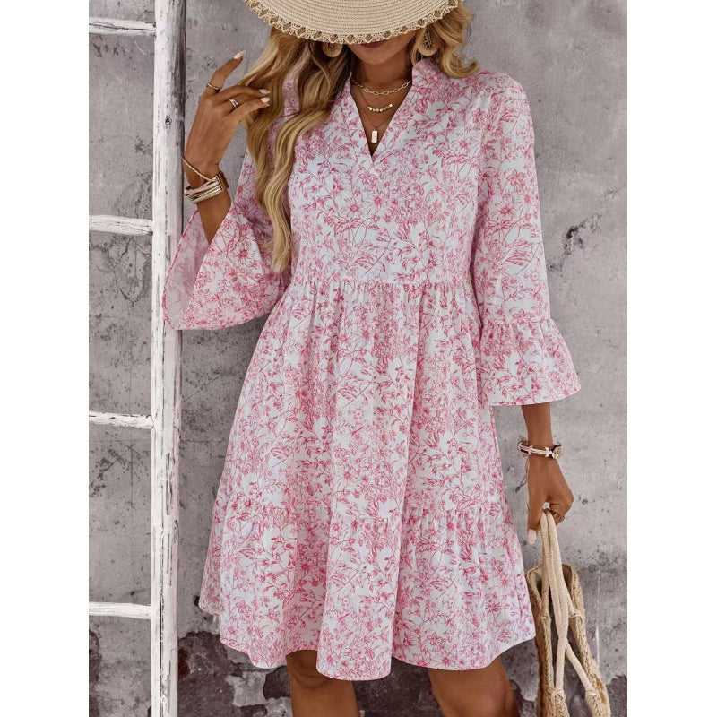 Damen Sommerliches Chiffonkleid mit floralem Design und Rüschendetails Drune
