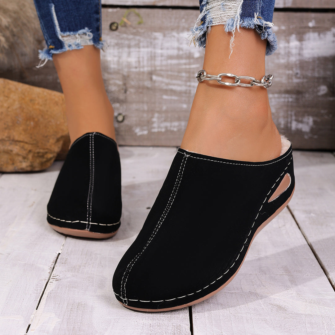 Damen  geschlossene Slip-On Pantolette mit ergonomischem Keilabsatz und dekorativer Ziernaht Drune