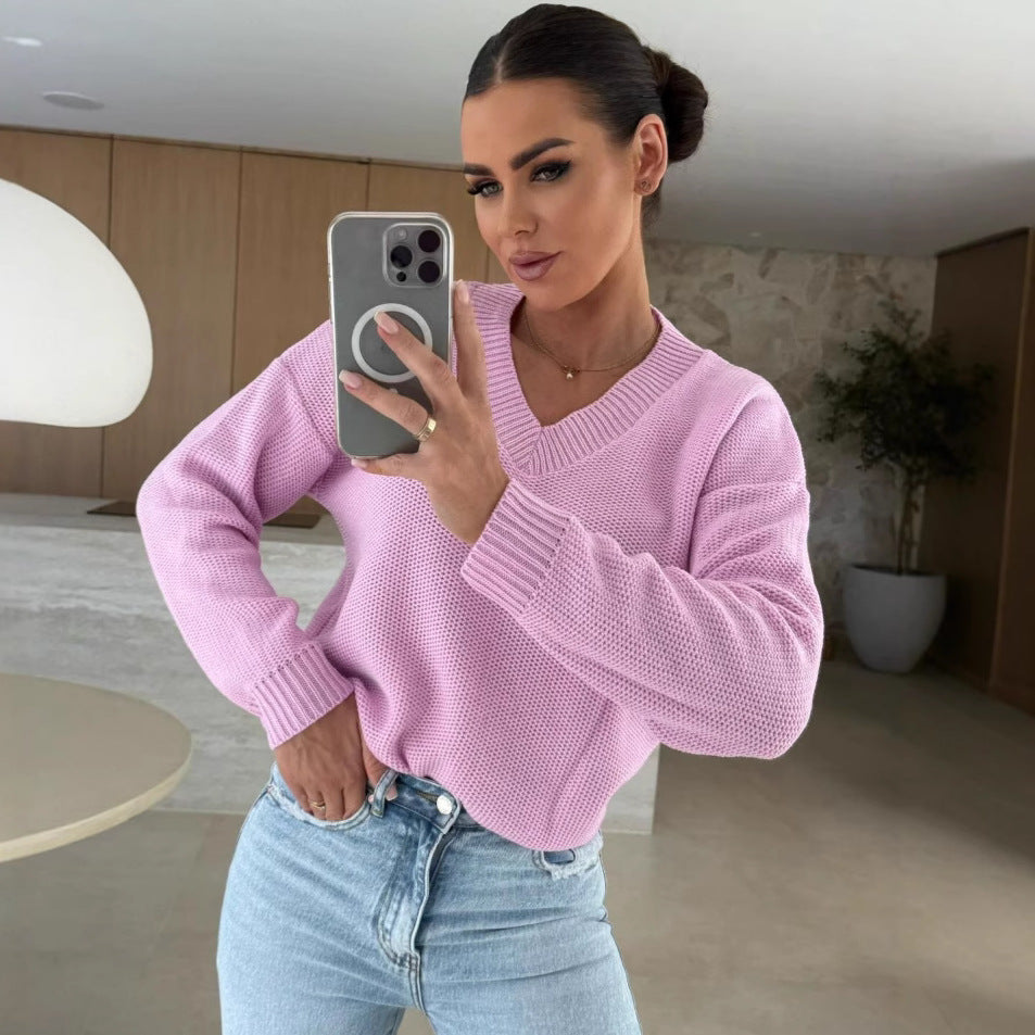 Damen luftiger Strickpullover mit modernem V-Ausschnitt und strukturiertem Design Drune