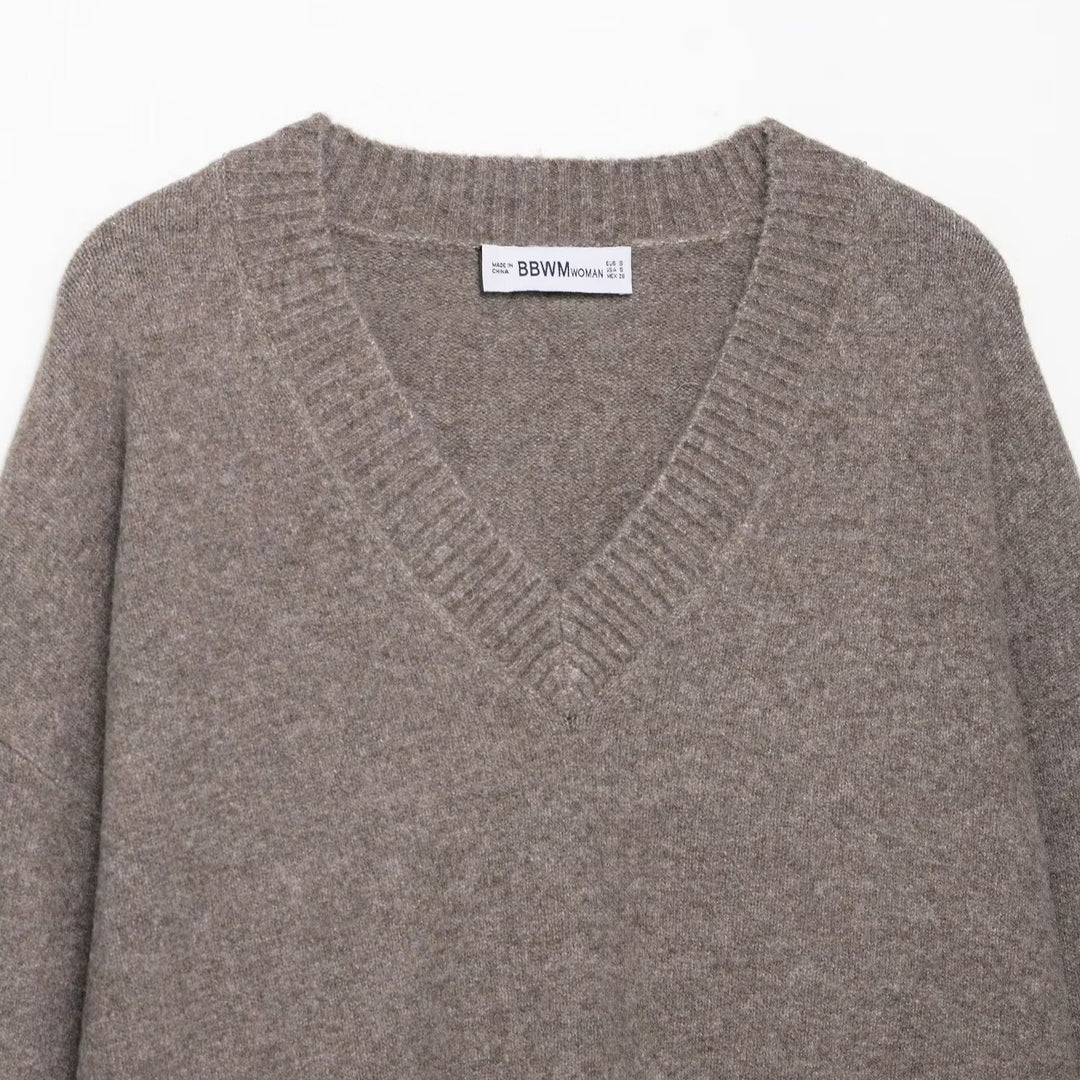 Damen eleganter V-Ausschnitt Pullover aus feiner Wolle Drune