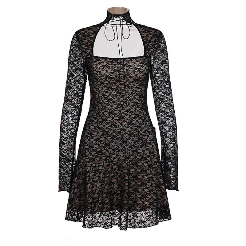Damen Spitzenkleid mit kurzem Stehkragen und langen Ärmeln Drune