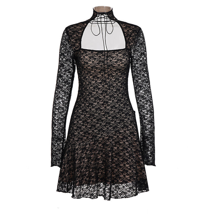 Damen Spitzenkleid mit kurzem Stehkragen und langen Ärmeln Drune