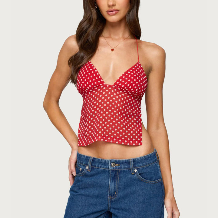 Damen Transparente Bluse mit Punktmuster und dehnten Trägern Drune