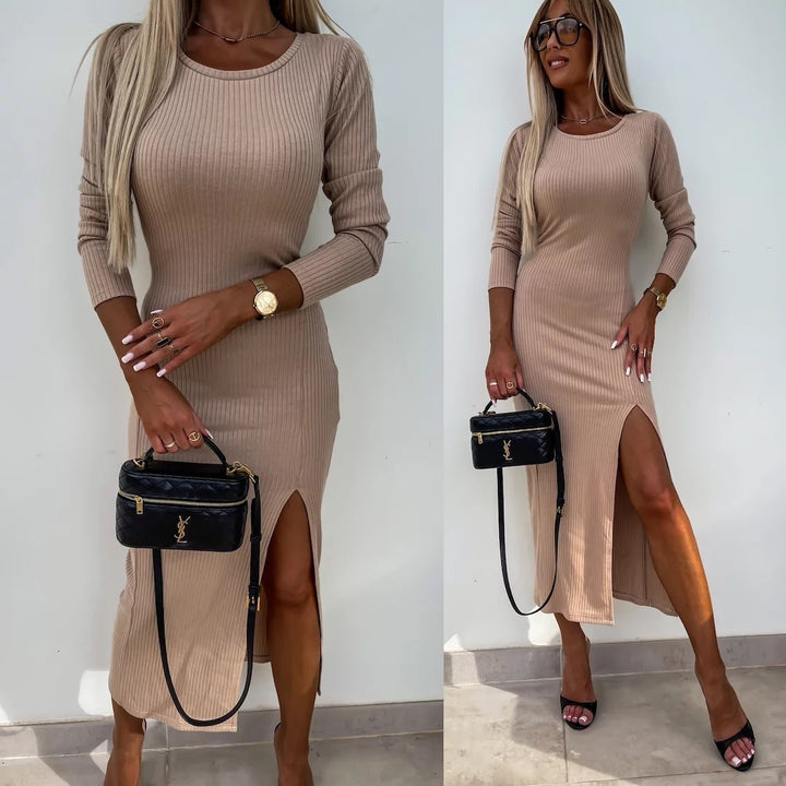 Damen Langarm Kleid mit seitlichem Schlitz und Rippstruktur Drune