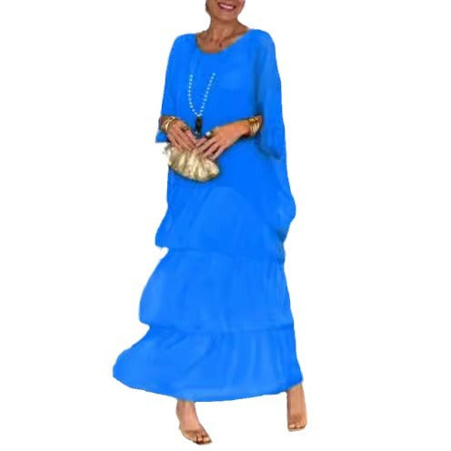 Damen nan bodenlanges Stufenkleid mit weiten Fledermausärmeln und lockerer Silhouette Drune