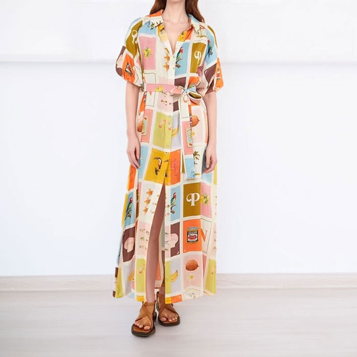 Damen Hemdblusenkleid mit farbenfrohem Print und taillierbarem Gürtel Drune