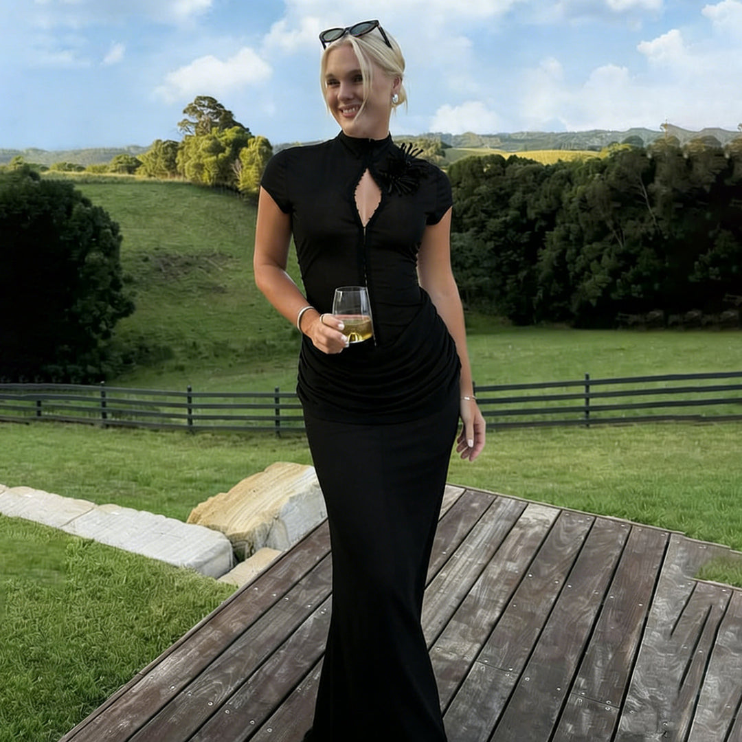 Damen Langarm Maxikleid mit raffiniertem Schnitt und eleganter Knopfdetail Drune