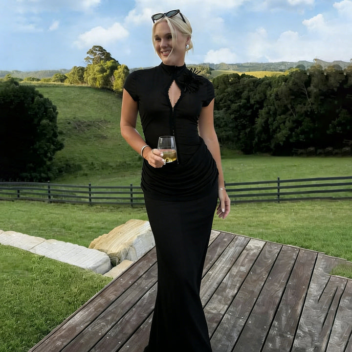 Damen Langarm Maxikleid mit raffiniertem Schnitt und eleganter Knopfdetail Drune