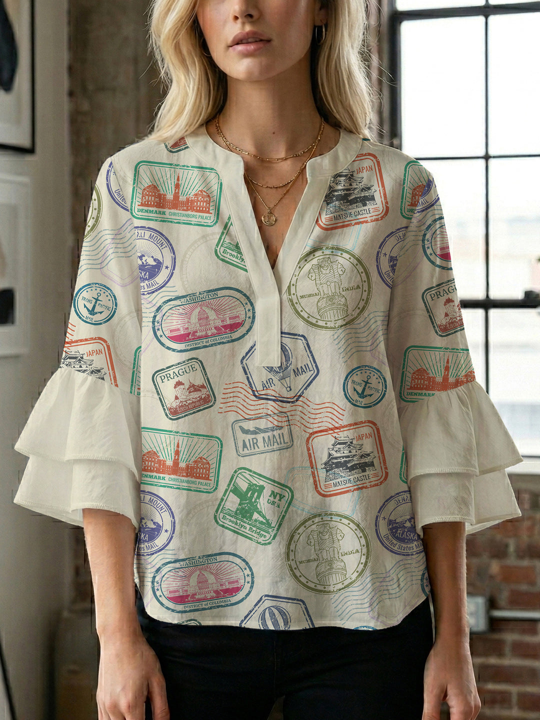 Damen modisches Oberteil mit Rüschendetails und kreativem Muster Drune