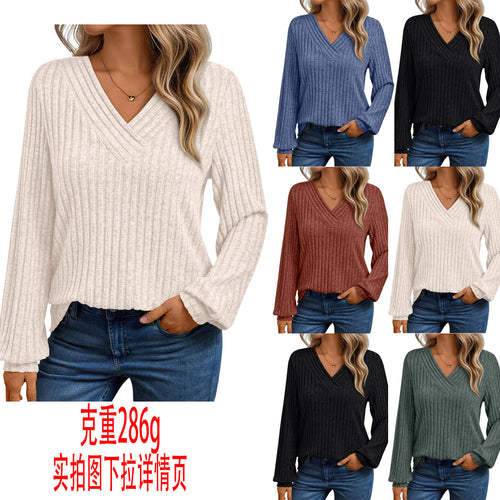 Damen gemütliches Langarmshirt mit strukturiertem V-Ausschnitt Drune