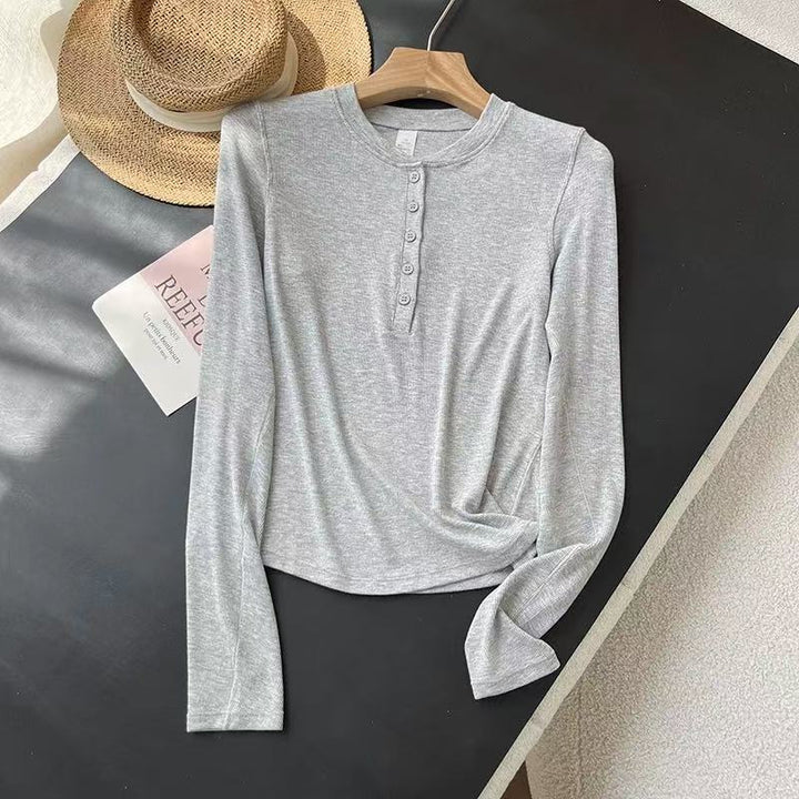 Damen Langarm-Henley-Shirt aus weichem Baumwollmix mit modischen Knopfdetails Drune