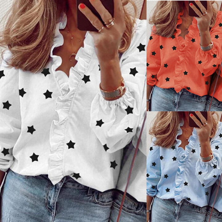 Damen Bluse mit Volant und Sternenmotiv Drune