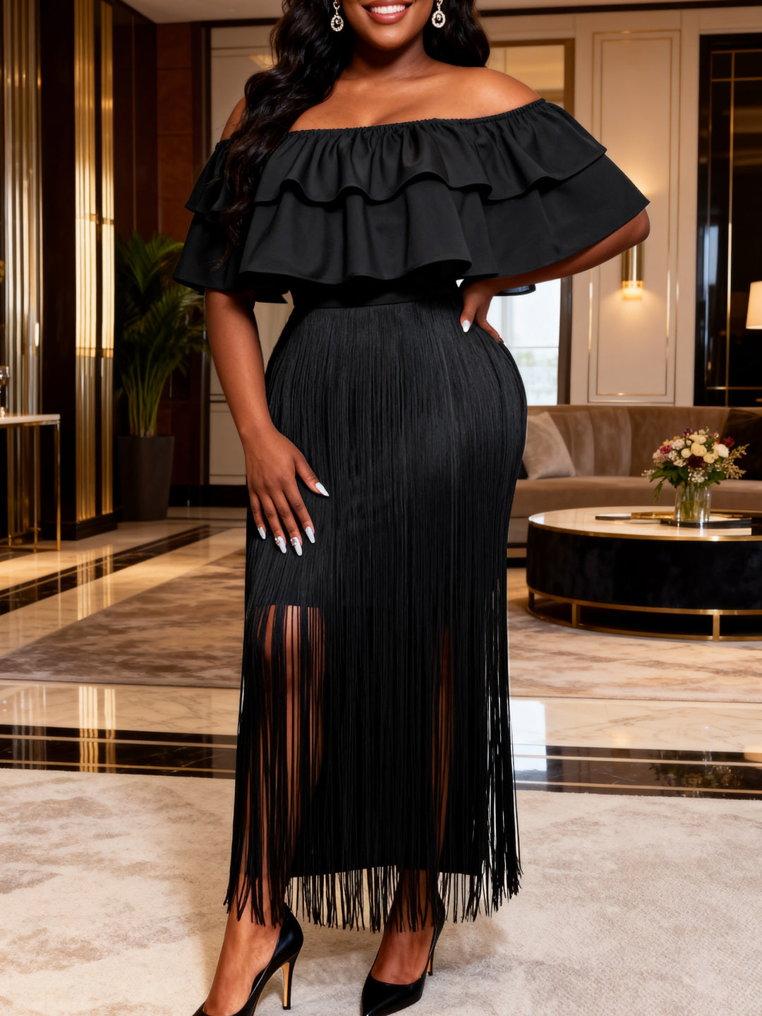 Damen Elegantes Off-Shoulder Kleid mit voluminösem Rüschensaum und fransigem Design Drune