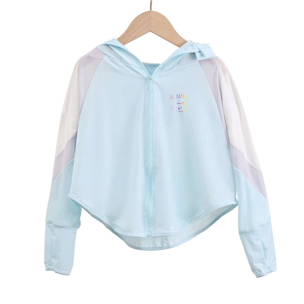 Unisex nan ultraleichte Kinder-Sonnenschutzjacke mit Kapuze, Reißverschluss, Meshfutter und Bärenstickerei  Drune