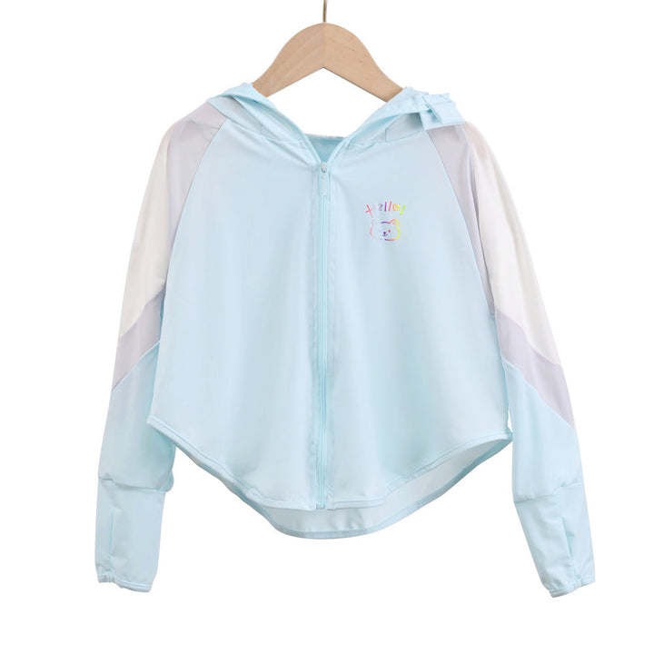Unisex nan ultraleichte Kinder-Sonnenschutzjacke mit Kapuze, Reißverschluss, Meshfutter und Bärenstickerei  Drune