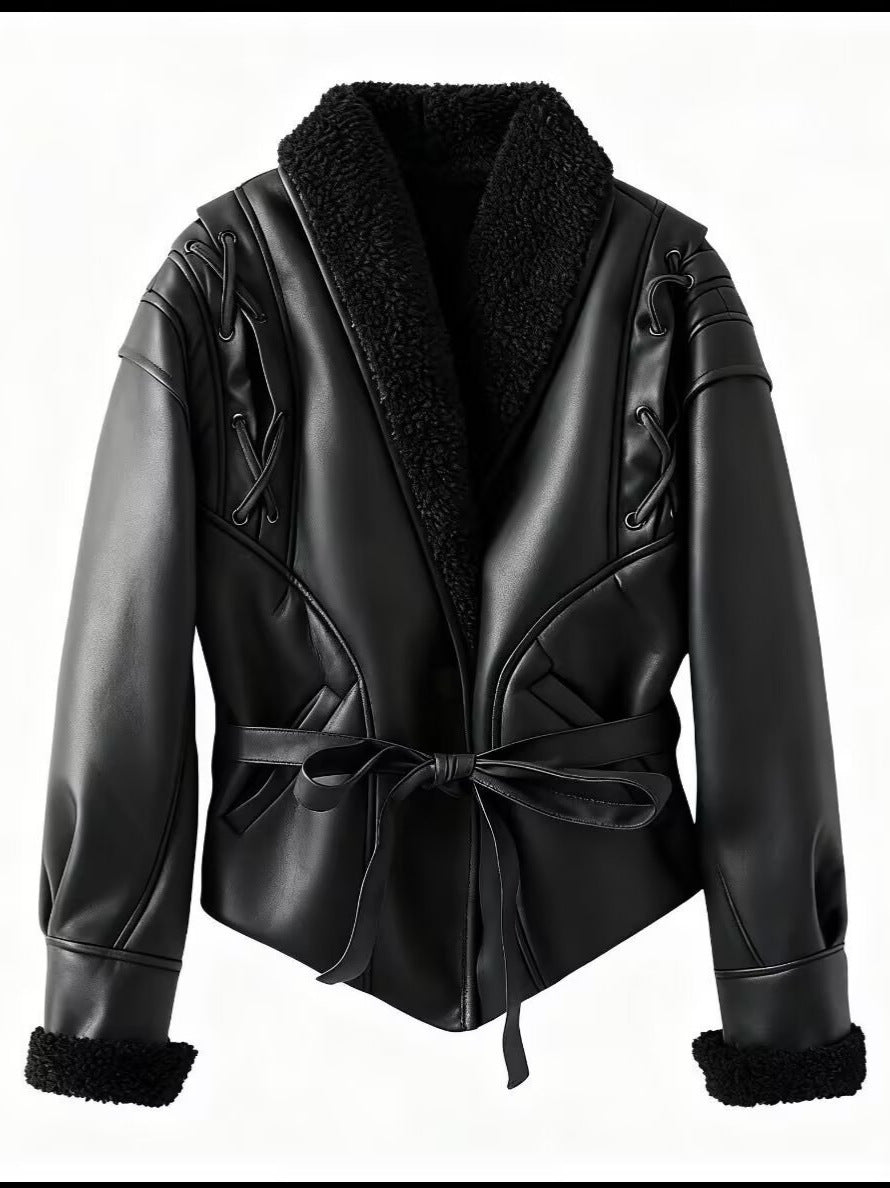 Damen trendige Kunstlederjacke mit flauschigem Innenfutter und Bindegürtel Drune