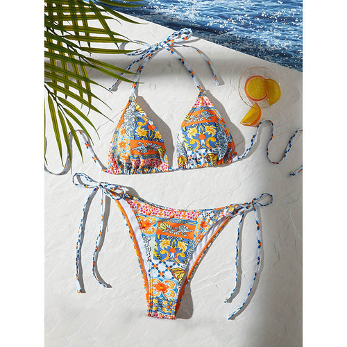 Damen Triangel-Bikini mit buntem Floraldesign und verspielten Bindebändern Drune