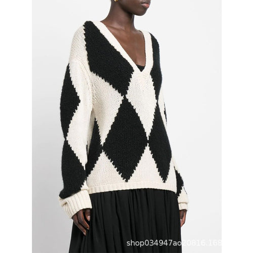 Damen trendiger V-Ausschnitt Strickpullover mit Zickzackmuster Drune