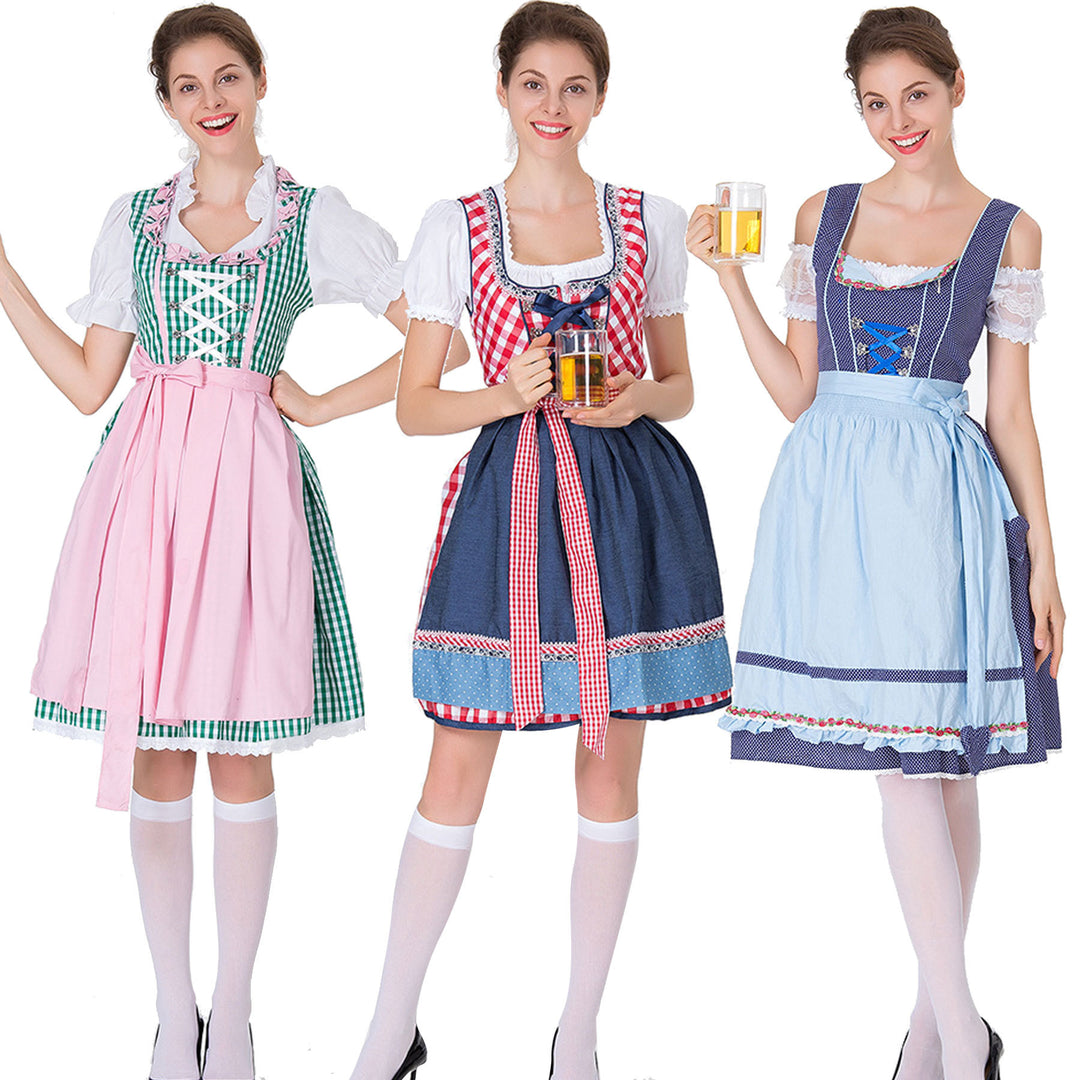 Damen nan traditionelles Oktoberfest Dirndl mit Rüschenbluse, geschnürtem Mieder und Schleifen-Schürze Drune
