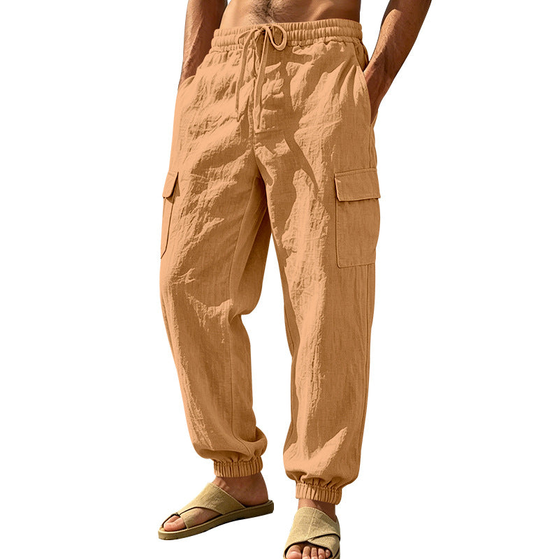 Herren nan leichte Cargo-Joggerhose aus Leinenmischung mit elastischem Tunnelzugbund, aufgesetzten Klappentaschen und gerippten Beinabschlüssen Drune