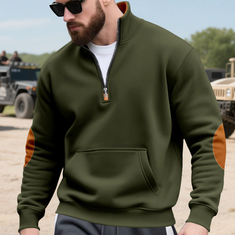 Herren nan Halbzip-Sweatshirt mit Stehkragen, Kängurutasche und kontrastierenden Ellbogenpatches Drune