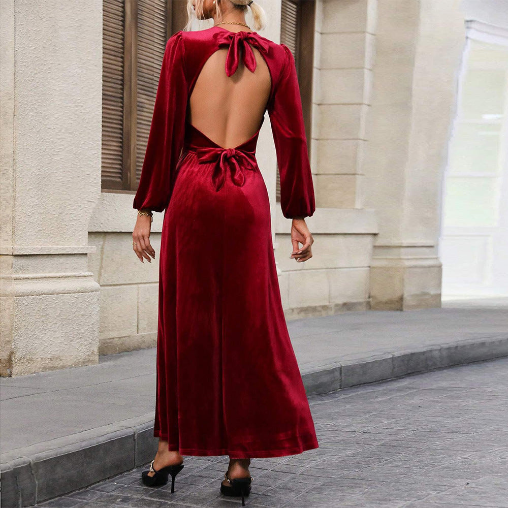 Damen Velour Abendkleid mit langen Ärmeln und schwingendem Rock Drune