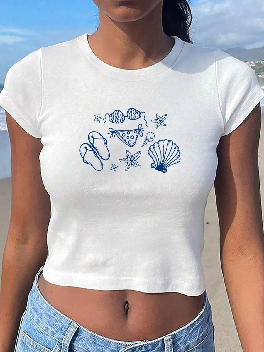 Damen Crop-T-Shirt mit kreativem Motiv und figurbetontem Schnitt Drune