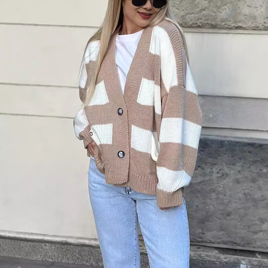 Damen kuschelige Oversized Strickjacke mit modernen Streifen und Taschen Drune