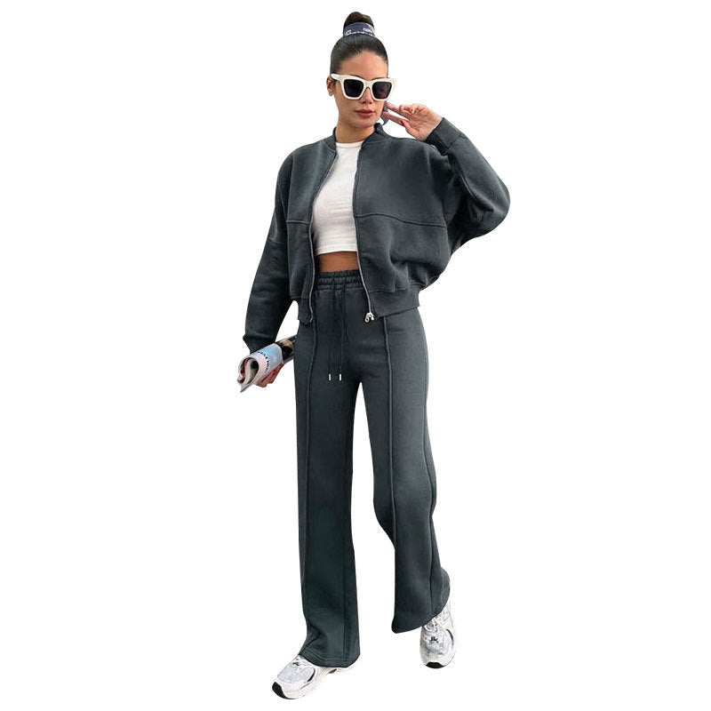 Damen nan kurz geschnittenes Blouson mit Reißverschluss und weiter High-Waist Jogginghose Set Drune