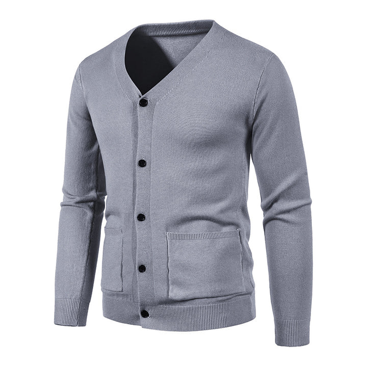 Herren nan schlanker Feinstrick-Cardigan mit V-Ausschnitt, Knopfleiste und aufgesetzten Taschen Drune