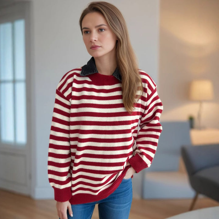 Damen lässiger Pullover mit strukturellem Streifenmuster und modischem Kragen Drune