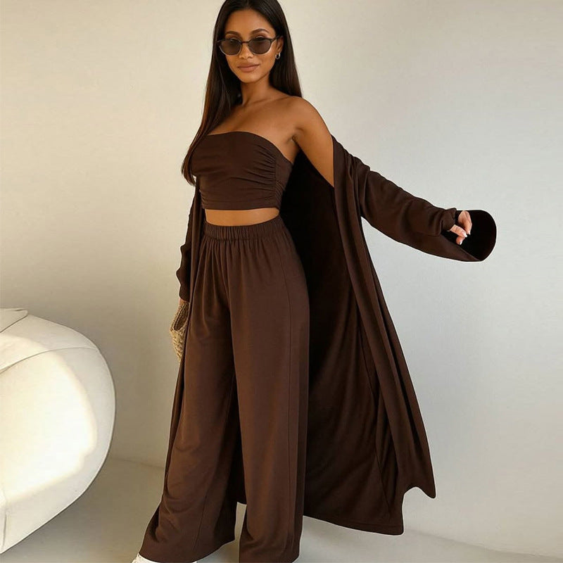Damen elegantes 3-teiliges Set mit weitem Hosen und tailliertem Oberteil Drune