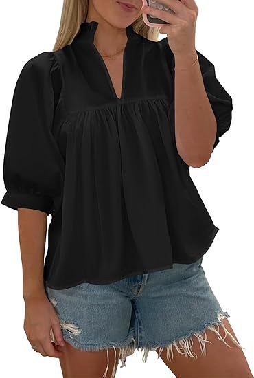 Damen elegante kurzärmlige Bluse mit Rüschendetails und lässigem Schnitt Drune